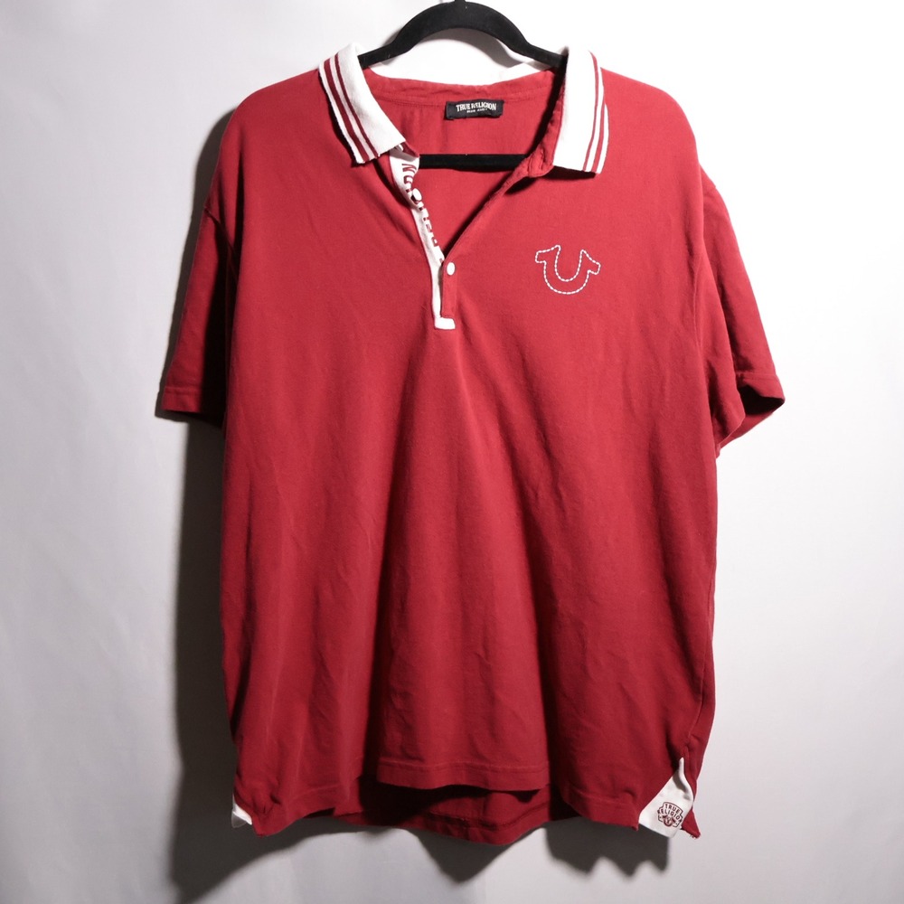 True Religion Red Gusset Polo Shirt Mens Horseshoe Logo 2XL Cotton Prep Y2K